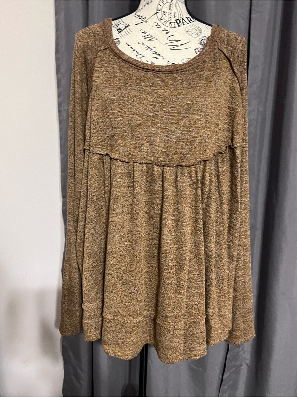 True Craft Babydoll Tunic Top Brown Heathered Knit 3X Peplum NWT